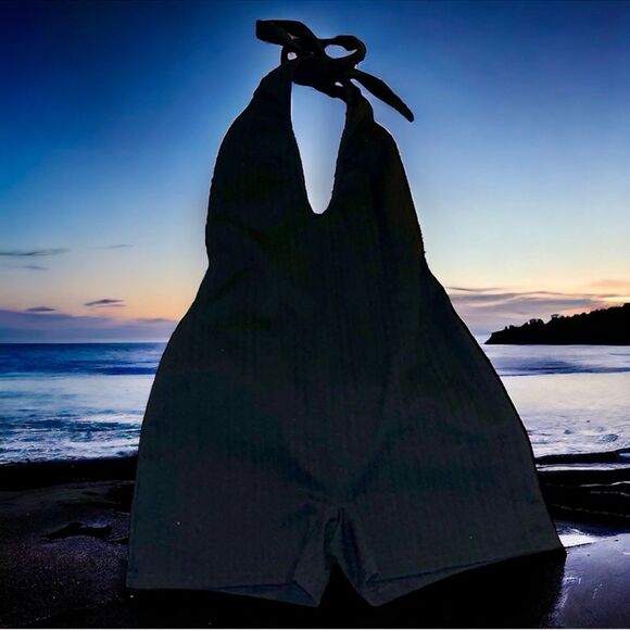 BUNDLE OF 2 SHEIN Black Rompers Kimono + Ribbed Halter Biker Shorts Unitard M - Picture 6 of 16